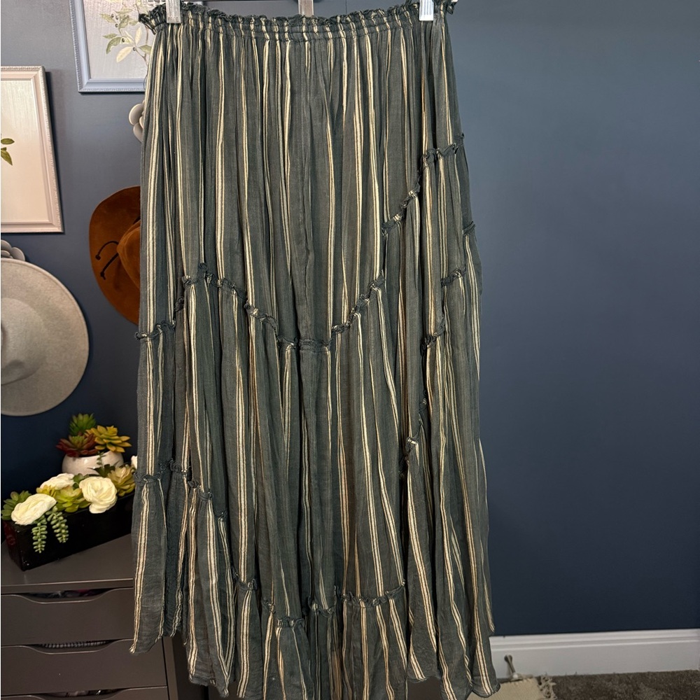 Free People One Ember Olive Green Midi Skirt with Cream Stripes Size: XS